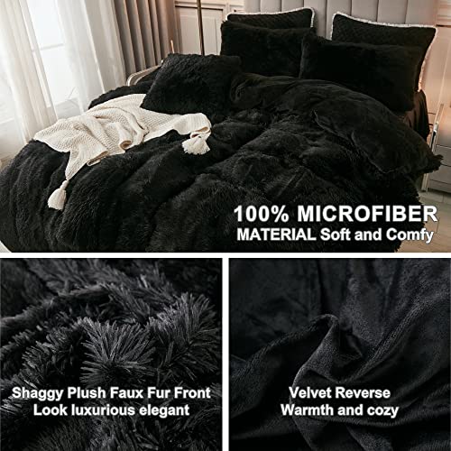 annadaif Plush Black Duvet Cover Queen, Fluffy Soft Faux Fur Velvet Comforter Cover, Luxury Fuzzy Shaggy Bedding Sets 3 Pieces(1 Duvet Cover,2 Pillowcases), Zipper Closure - Image 5