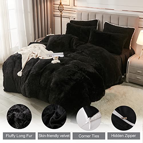 annadaif Plush Black Duvet Cover Queen, Fluffy Soft Faux Fur Velvet Comforter Cover, Luxury Fuzzy Shaggy Bedding Sets 3 Pieces(1 Duvet Cover,2 Pillowcases), Zipper Closure - Image 3