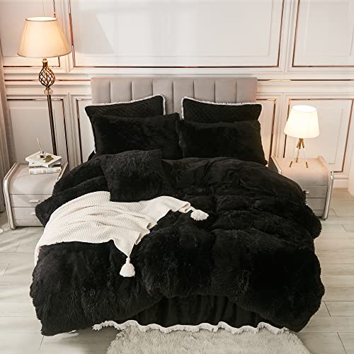 annadaif Plush Black Duvet Cover Queen, Fluffy Soft Faux Fur Velvet Comforter Cover, Luxury Fuzzy Shaggy Bedding Sets 3 Pieces(1 Duvet Cover,2 Pillowcases), Zipper Closure - Image 1