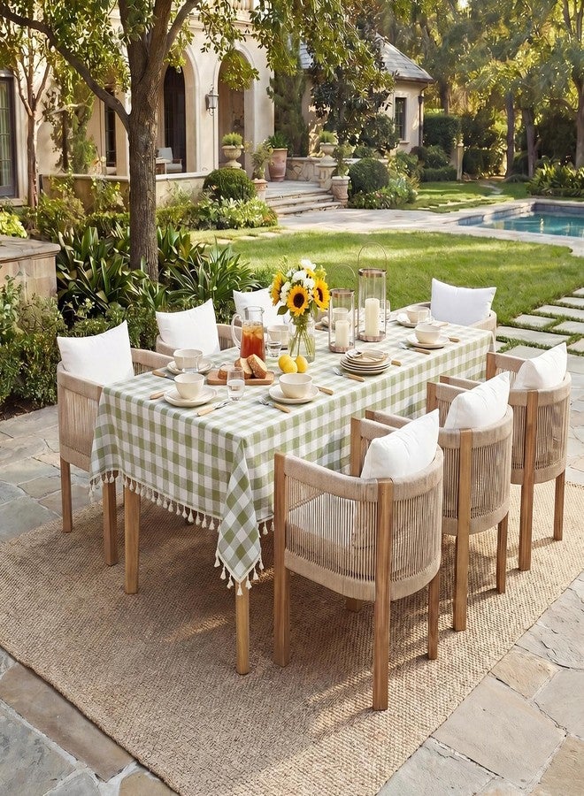 Softalker Outdoor Checkered Tablecloth, Linen Cotton Gingham Table Cloths for 6 Foot Rectangle Tables with Tassel, Heavy Duty Wrinkle Free Plaid Table Cover for Picnic Camping - 55 x 84 Inch, Sage - Image 2