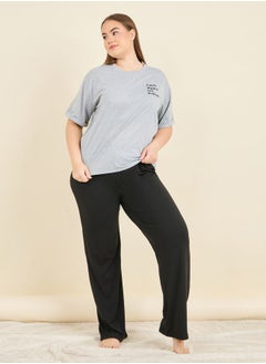 Slogan Print Roll Up Sleeves T-shirt and Pyjama Set