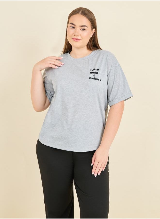 Styli - Slogan Print Roll Up Sleeves T-shirt and Pyjama Set - Image 1
