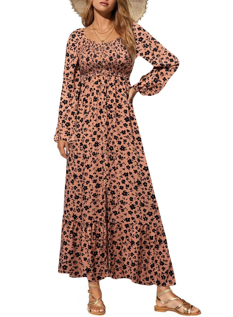 Dokotoo Wedding Guest Dresses for Women Boho Floral Square Neck Smocked Summer Spring Long Sleeve Button Down Empire Waist Ruffle Swing Flared Beach Party Long Maxi Dress Sundress Dark Brown Medium - Image 1