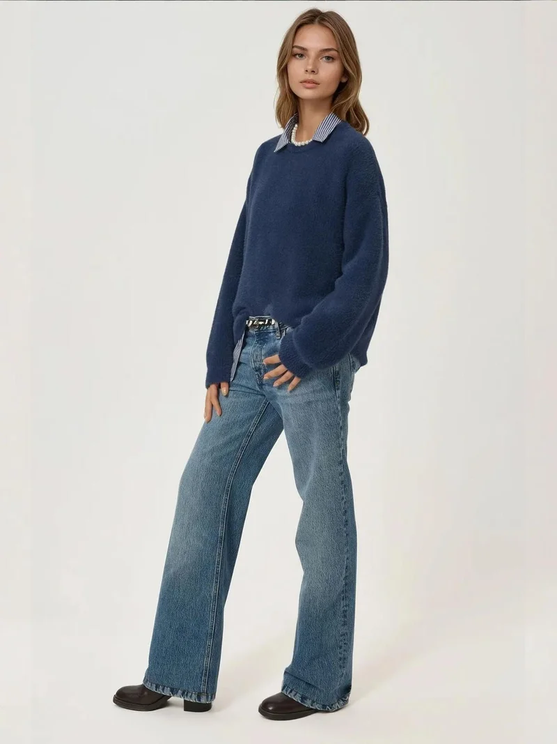Hiccup Navy Blue Bearded Crew Neck Ultra Soft Touch Knit Sweater for Women | Best Price UAE