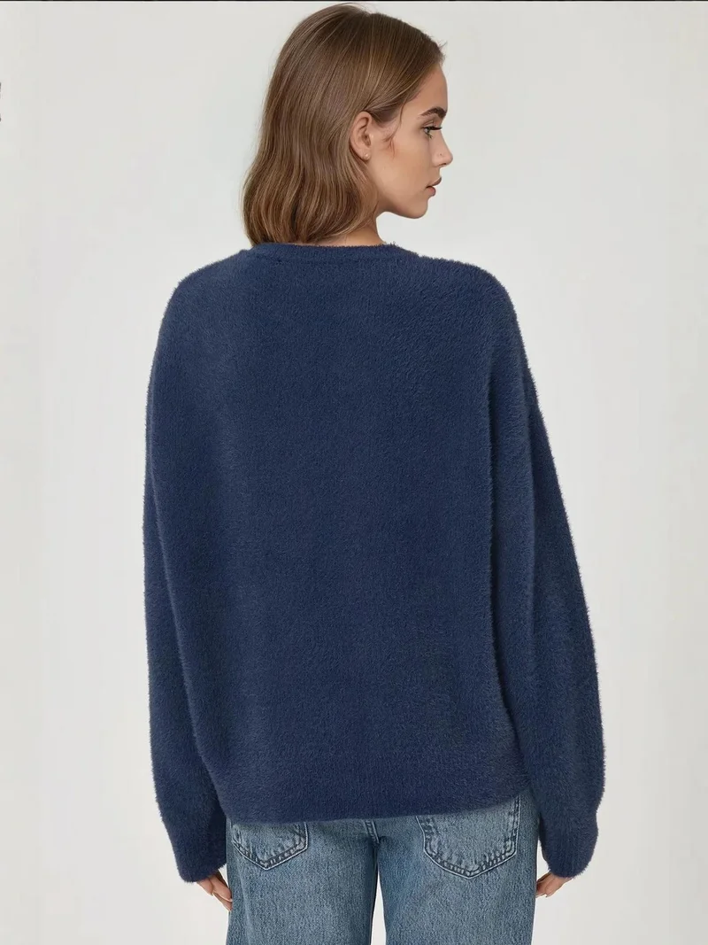 Hiccup Navy Blue Bearded Crew Neck Ultra Soft Touch Knit Sweater for Women | Best Price UAE