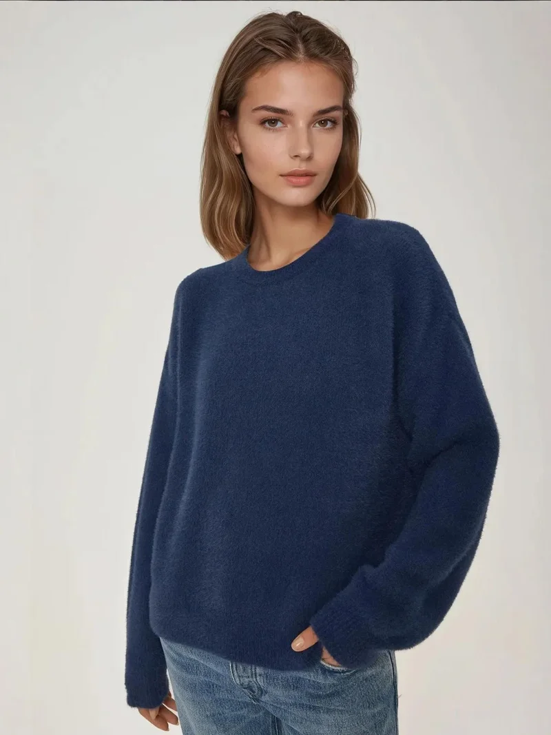 Hiccup Navy Blue Bearded Crew Neck Ultra Soft Touch Knit Sweater for Women | Best Price UAE