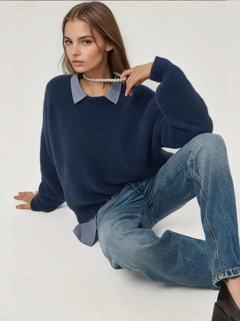 Hiccup Navy Blue Bearded Crew Neck Ultra Soft Touch Knit Sweater for Women | Best Price UAE
