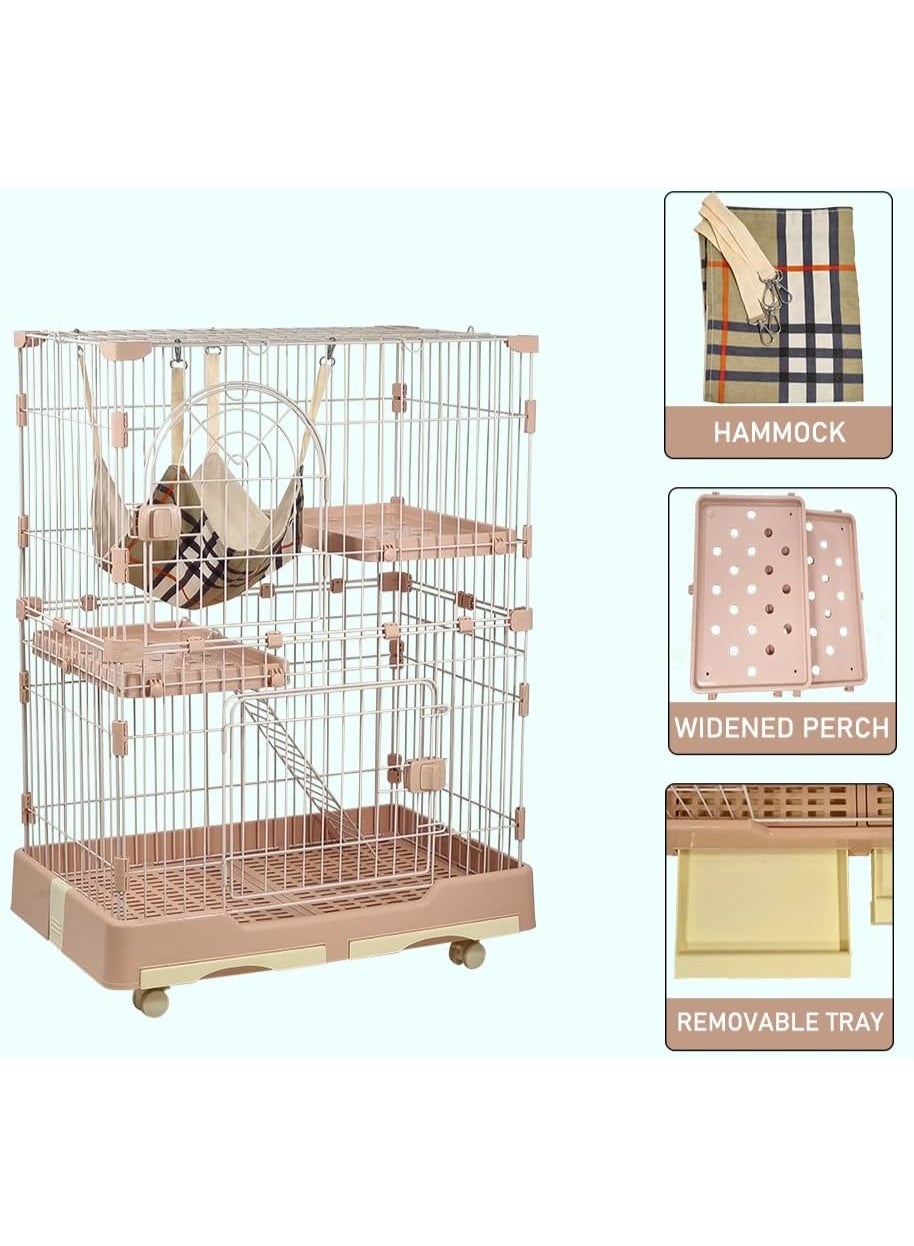 Large Cat Cage Indoor with Cozy Hammock - 2-Tier Metal Wire Cat Crate with 2 Lockable Doors - Climbing ladder, Removable Tray & Universal Wheels - Easy Assembly, 102 cm (Pink)