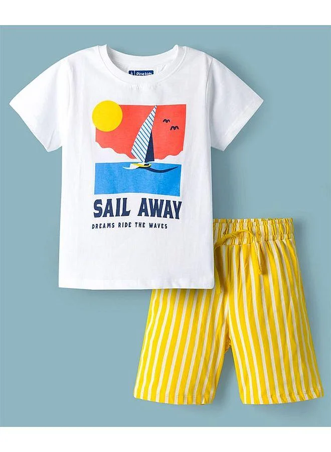 Pine Kids Pine Kids 100% Cotton Single Jersey Knit Half Sleeves T-Shirt & Shorts Night Suit With Boat Graphic & Stripes - White & Yellow