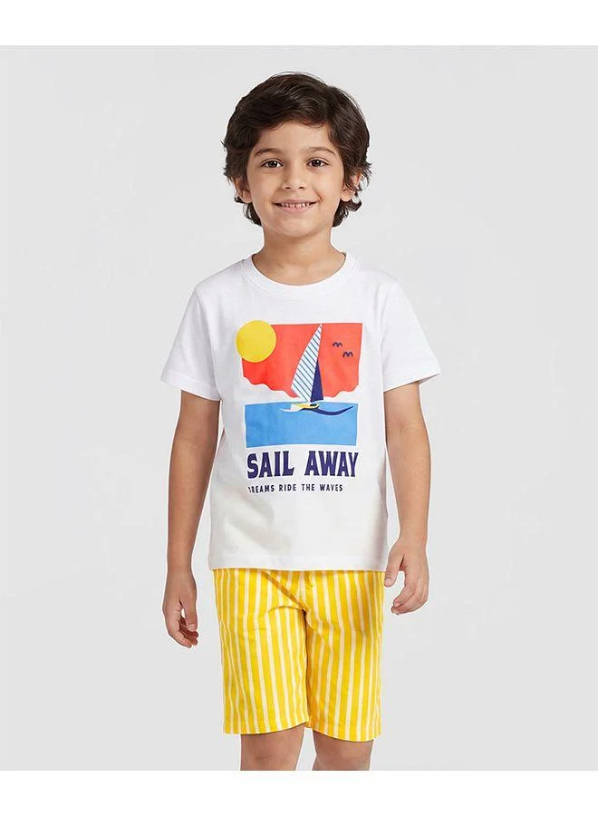 Pine Kids Pine Kids 100% Cotton Single Jersey Knit Half Sleeves T-Shirt & Shorts Night Suit With Boat Graphic & Stripes - White & Yellow