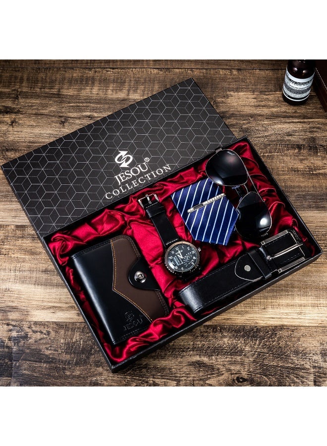 JESOU 5-in-1 Deluxe Gift Set: Sunglasses, Belt, Wallet, Tie, and Large Dial Quartz Watch - Image 1