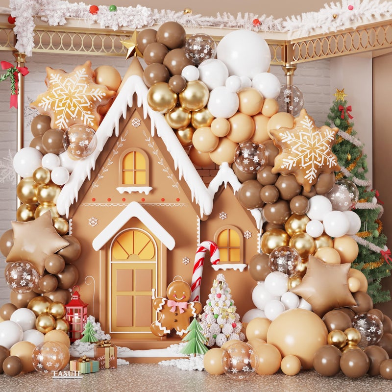 EASUTE 135PCS Christmas Gingerbread Snowflake Balloon Arch Garland Kit Brown White Christmas Balloon Garland with 24inch Gingerbread Snowflake Foil Balloons for Xmas Gingerbread House Winter Decorations - Image 3