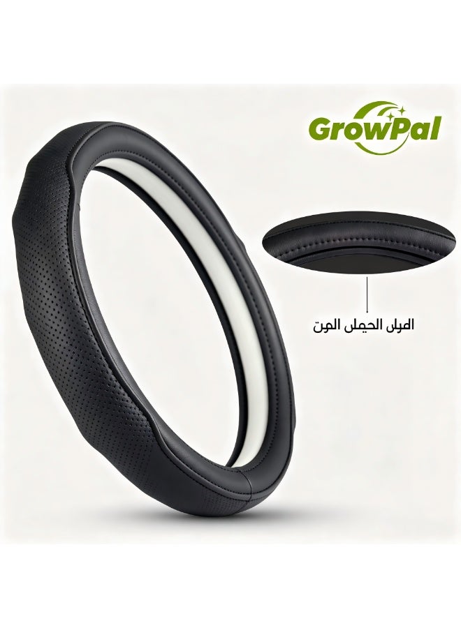 GrowPal Faux Leather Steering Wheel Cover M Size 38CM Black with White Inner Ring Car Steering Protector Anti Slip Grip Breathable Universal Fit Car Interior Accessory Auto Decoration - Image 4