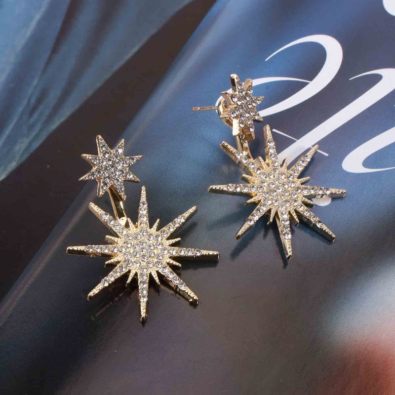 Yheakne Starburst Jacket Earrings Gold Rhinestone Sun Earrings Front Back Studs Earrings Boho Celestial Earrings Jewelry for Women (Gold) - Image 4