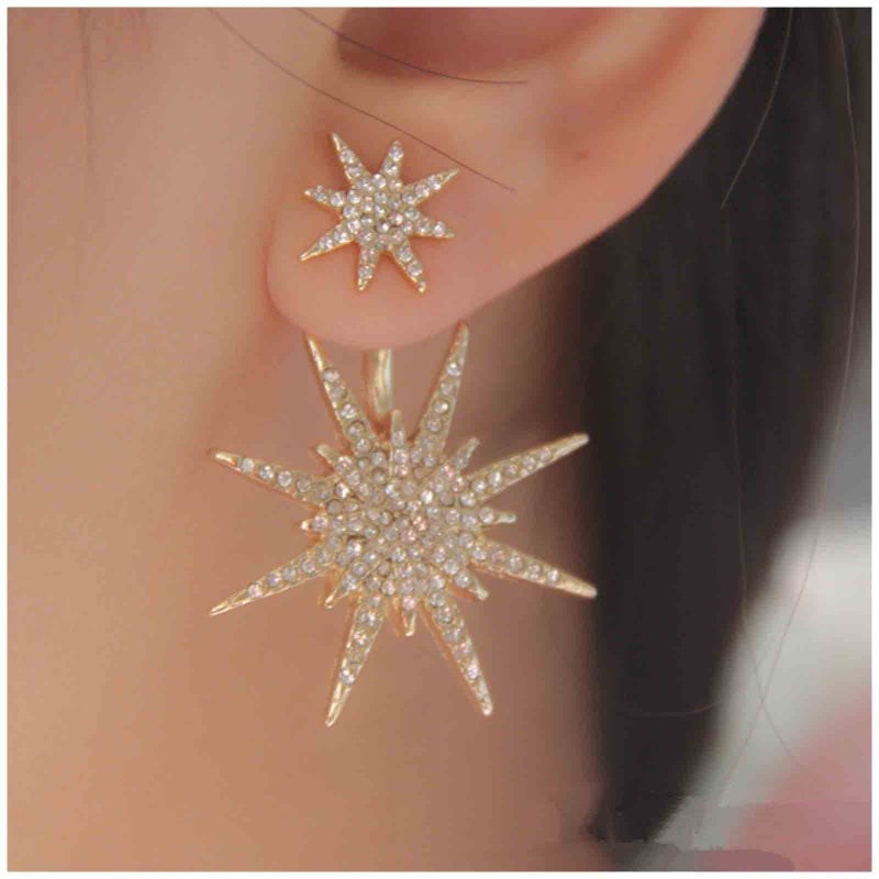 Yheakne Starburst Jacket Earrings Gold Rhinestone Sun Earrings Front Back Studs Earrings Boho Celestial Earrings Jewelry for Women (Gold) - Image 2