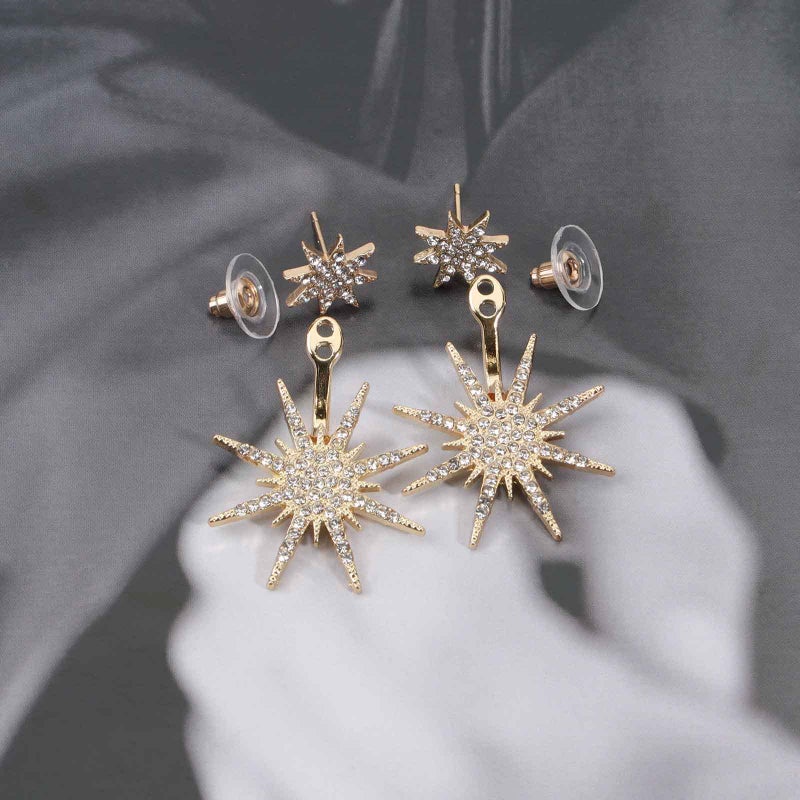 Yheakne Starburst Jacket Earrings Gold Rhinestone Sun Earrings Front Back Studs Earrings Boho Celestial Earrings Jewelry for Women (Gold) - Image 3