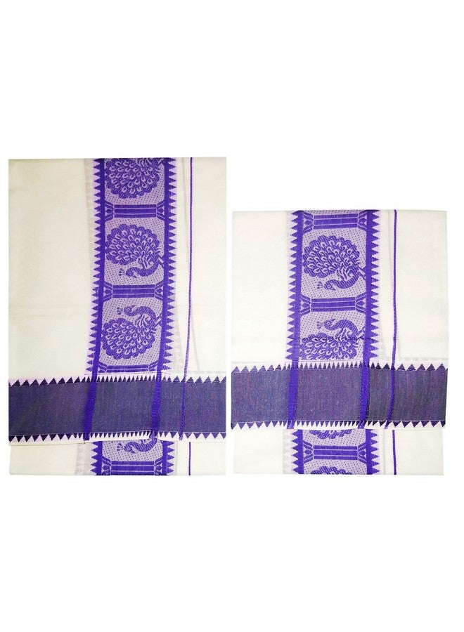 YETTALAN YETTALAN® Women's Kerala Traditional Cotton Set Mundu with Self Jacquard Work 2.80&2.00 Mtr (Violet Peacock)  - Image 3