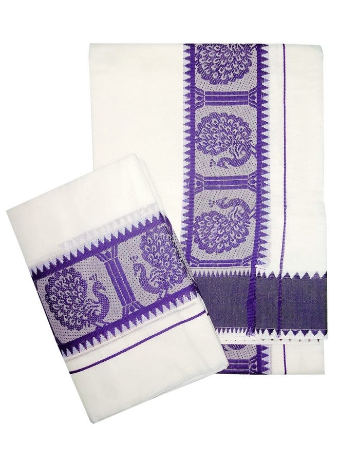 YETTALAN YETTALAN® Women's Kerala Traditional Cotton Set Mundu with Self Jacquard Work 2.80&2.00 Mtr (Violet Peacock)  - Image 1