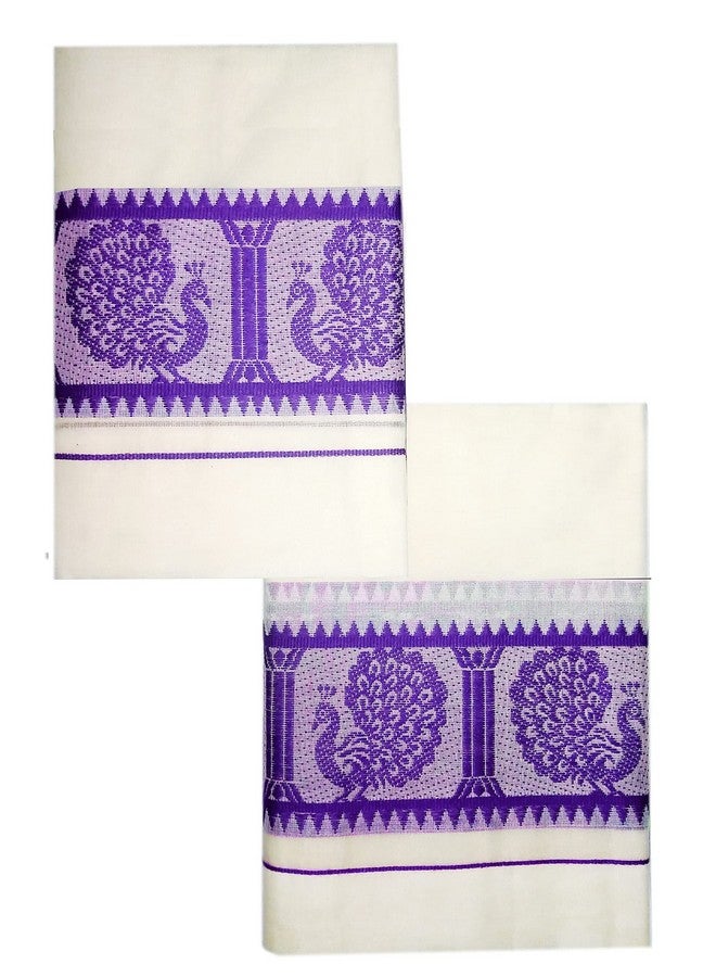 YETTALAN YETTALAN® Women's Kerala Traditional Cotton Set Mundu with Self Jacquard Work 2.80&2.00 Mtr (Violet Peacock)  - Image 2
