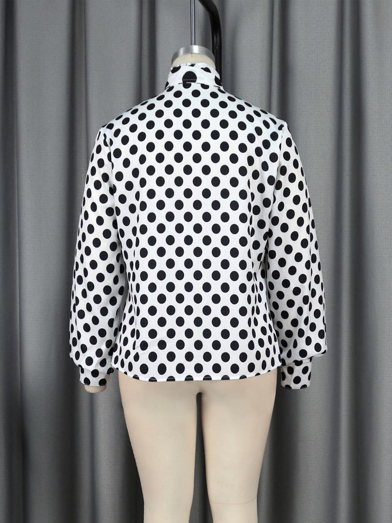 AOMEI Women's Bow Tied Neck Ruffle Trim Button Up Long Sleeve Workwear Shirts Blouse Black Polka Dot (White,Medium) - Image 3