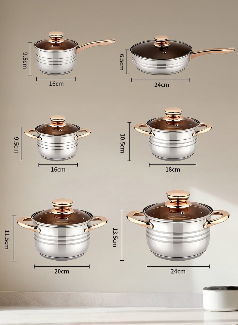 AiQi 12-Piece Gold Handle Stainless Steel Cookware Set | 7-Layer Bottom | 16cm Milk Pot, 16/18/20/24cm Casserole Pots, 24cm Frying Pan | Each Pot with Glass Lid | All Stove & Oven Compatible - Image 2
