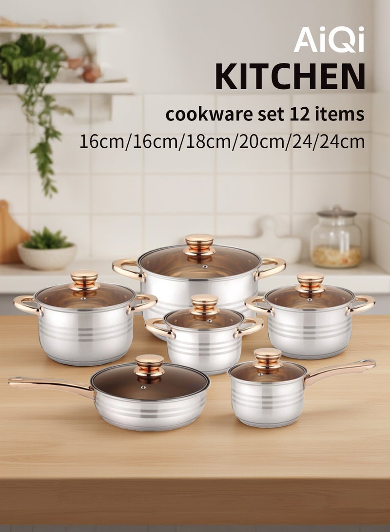 AiQi 12-Piece Gold Handle Stainless Steel Cookware Set | 7-Layer Bottom | 16cm Milk Pot, 16/18/20/24cm Casserole Pots, 24cm Frying Pan | Each Pot with Glass Lid | All Stove & Oven Compatible - Image 3