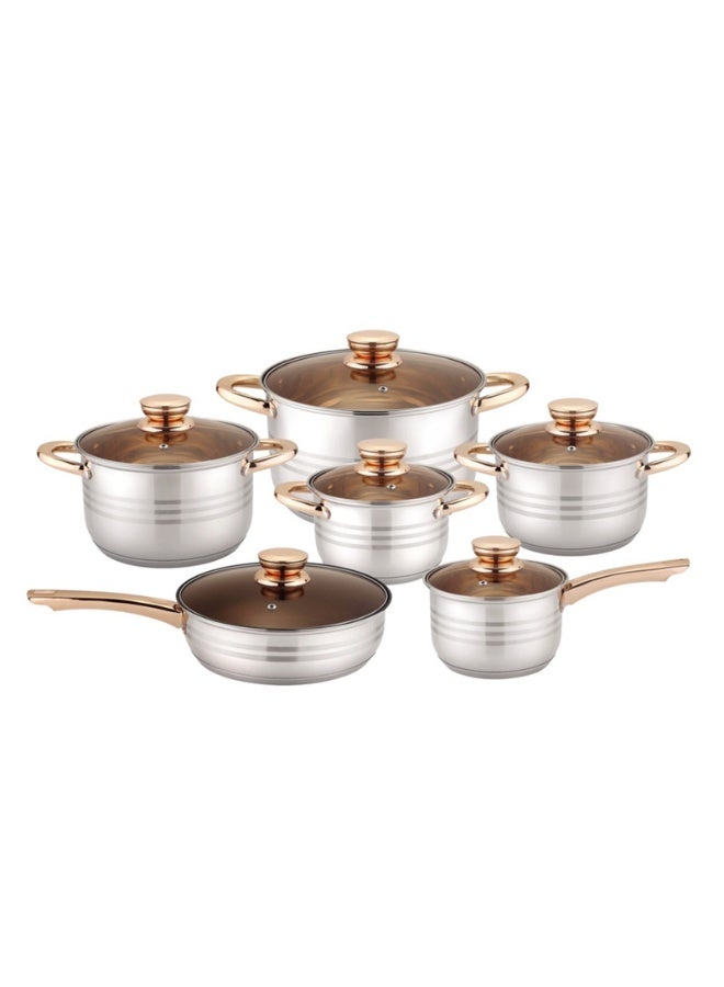 AiQi 12-Piece Gold Handle Stainless Steel Cookware Set | 7-Layer Bottom | 16cm Milk Pot, 16/18/20/24cm Casserole Pots, 24cm Frying Pan | Each Pot with Glass Lid | All Stove & Oven Compatible - Image 4