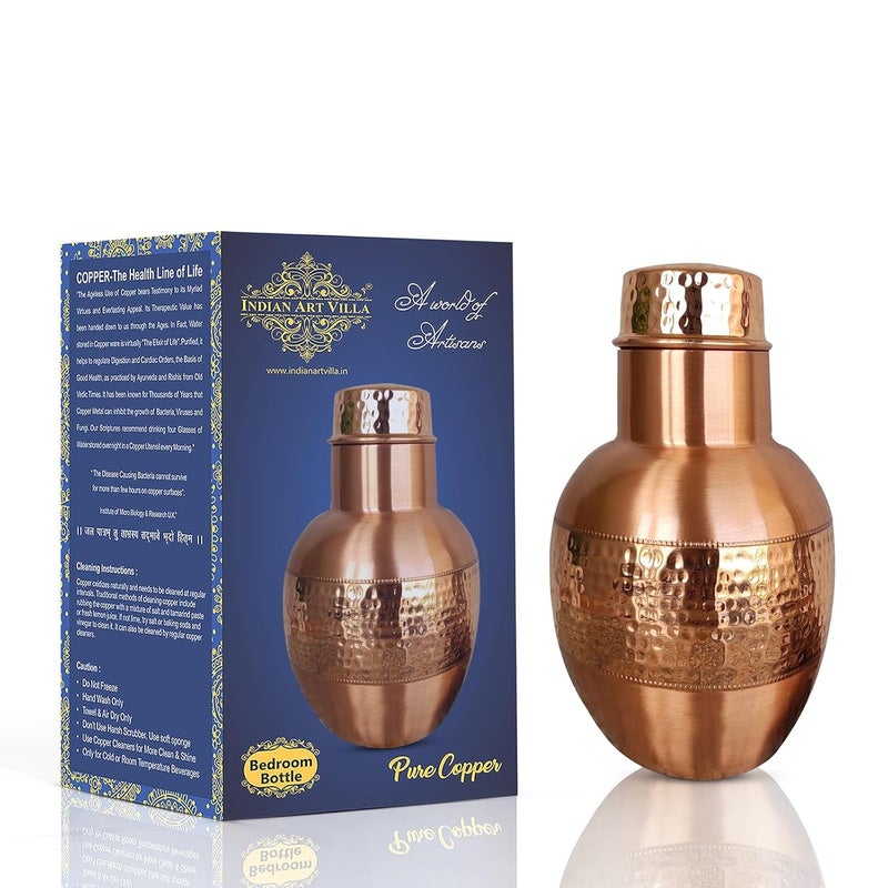 INDIAN ART VILLA INDIAN ART VILLA Pure Copper Bedroom Bottle with Inbuilt Glass Pear Pot Design Half Hammered Shine Finish 1650 ml Capacity  - Image 1