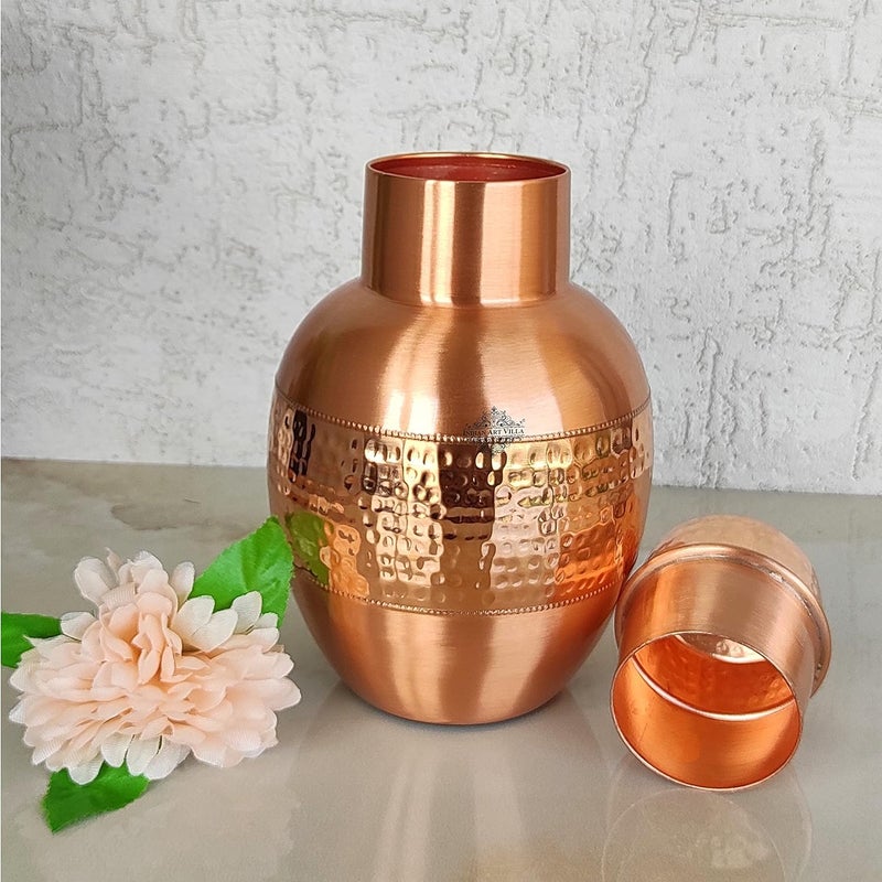 INDIAN ART VILLA INDIAN ART VILLA Pure Copper Bedroom Bottle with Inbuilt Glass Pear Pot Design Half Hammered Shine Finish 1650 ml Capacity  - Image 4
