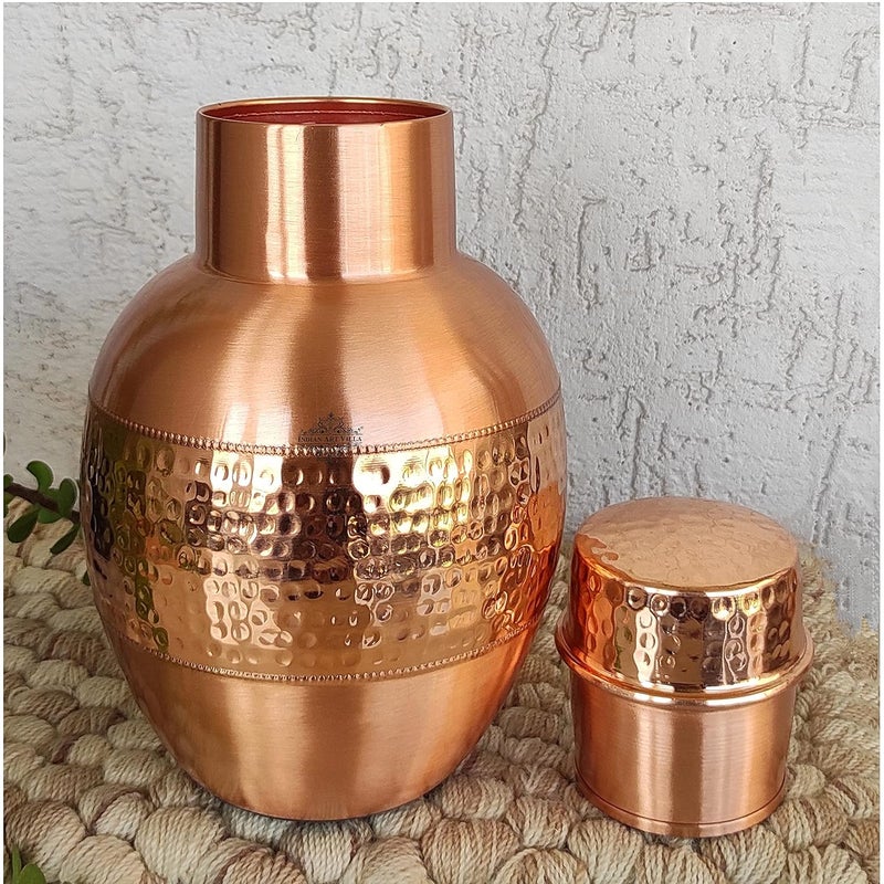 INDIAN ART VILLA INDIAN ART VILLA Pure Copper Bedroom Bottle with Inbuilt Glass Pear Pot Design Half Hammered Shine Finish 1650 ml Capacity  - Image 5