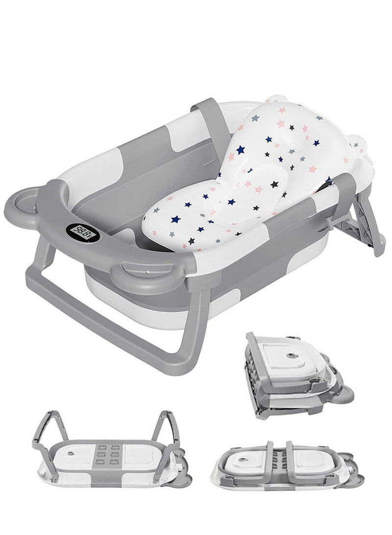عربست حوض استحمام قابل للطي للأطفال حديثي الولادة مزود بميزان حرارة ووسادة عائمة ناعمة، حوض استحمام محمول للسفر مزود بفتحة تصريف، أحواض استحمام قابلة للطي ومتينة للأطفال الرضع والأطفال الصغار (رمادي) - Image 1
