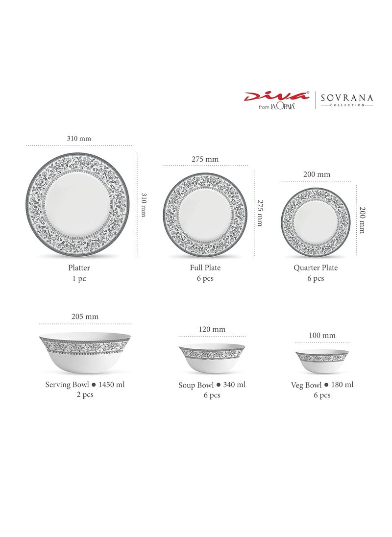 La Opala La Opala Diva, Sovrana Collection, Opal Glass Dinner Set 27 pcs, Persian Grey, White  - Image 3