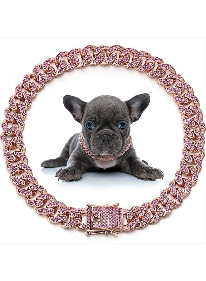 LEIFIDE Dog Chain Collar Diamond Link Puppy Collar 12 mm Wide Dog Necklace Metal Cat Chain Pet Crystal Necklace Jewelry Accessories for Small Medium Large Pet(12 Inch,Rose Gold, Pink) - Image 1