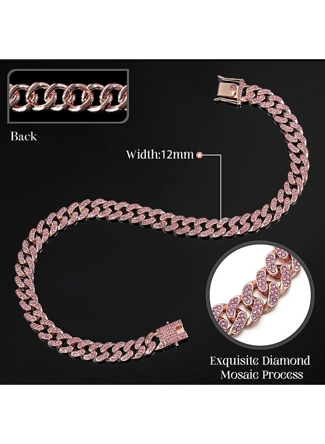 LEIFIDE Dog Chain Collar Diamond Link Puppy Collar 12 mm Wide Dog Necklace Metal Cat Chain Pet Crystal Necklace Jewelry Accessories for Small Medium Large Pet(12 Inch,Rose Gold, Pink) - Image 2