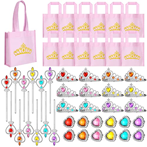 Yinder 12 Princess Party Favors Costume Dress up Accessories Set Included Gift Bags Princess Plastic Crown Tiara Rings and Wands Christmas Birthday Party JewelryElegant Style - Image 1