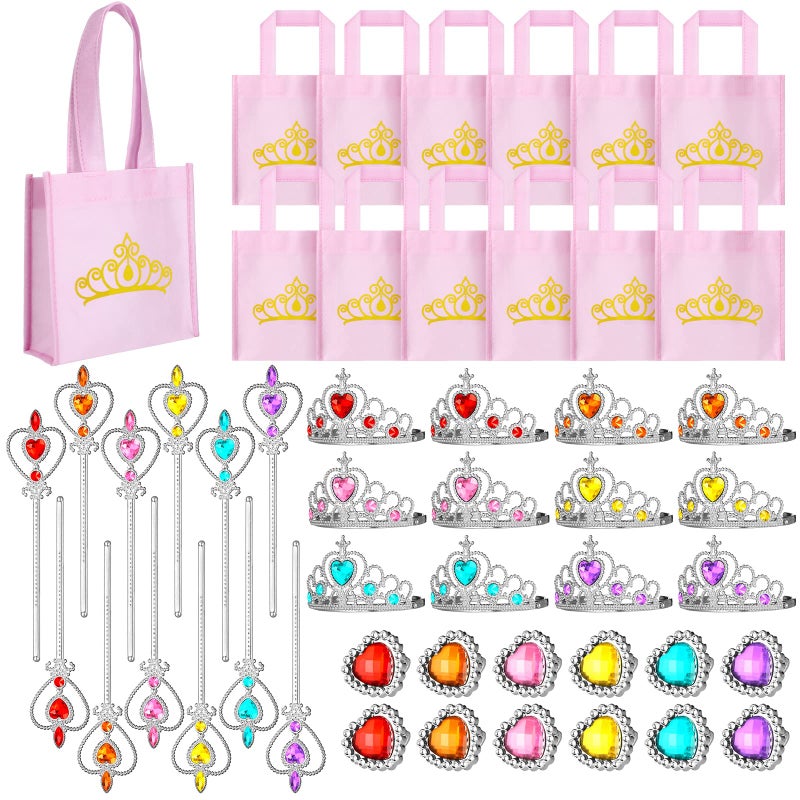 Yinder 12 Princess Party Favors Costume Dress up Accessories Set Included Gift Bags Princess Plastic Crown Tiara Rings and Wands Christmas Birthday Party JewelryElegant Style - Image 2