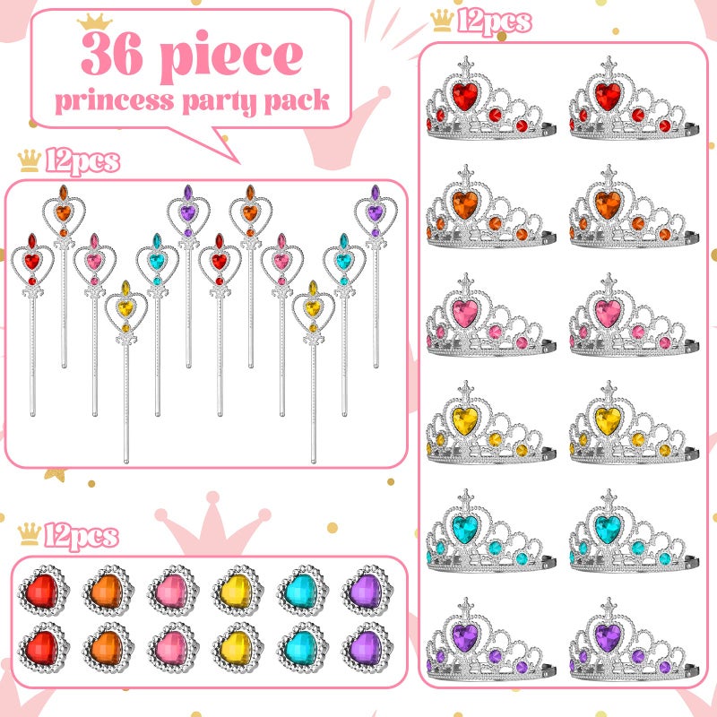 Yinder 12 Princess Party Favors Costume Dress up Accessories Set Included Gift Bags Princess Plastic Crown Tiara Rings and Wands Christmas Birthday Party JewelryElegant Style - Image 3