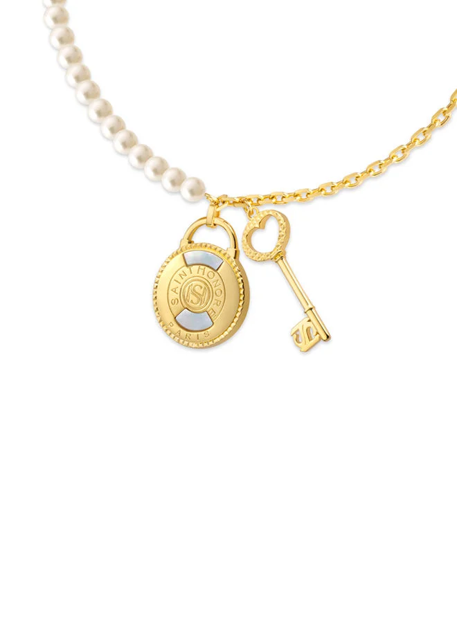 سانت هونور Pont Des Arts 925 Silver,Gold Plated Padlock,FreWater Pearls & Cablechain Necklace - 450+50mm