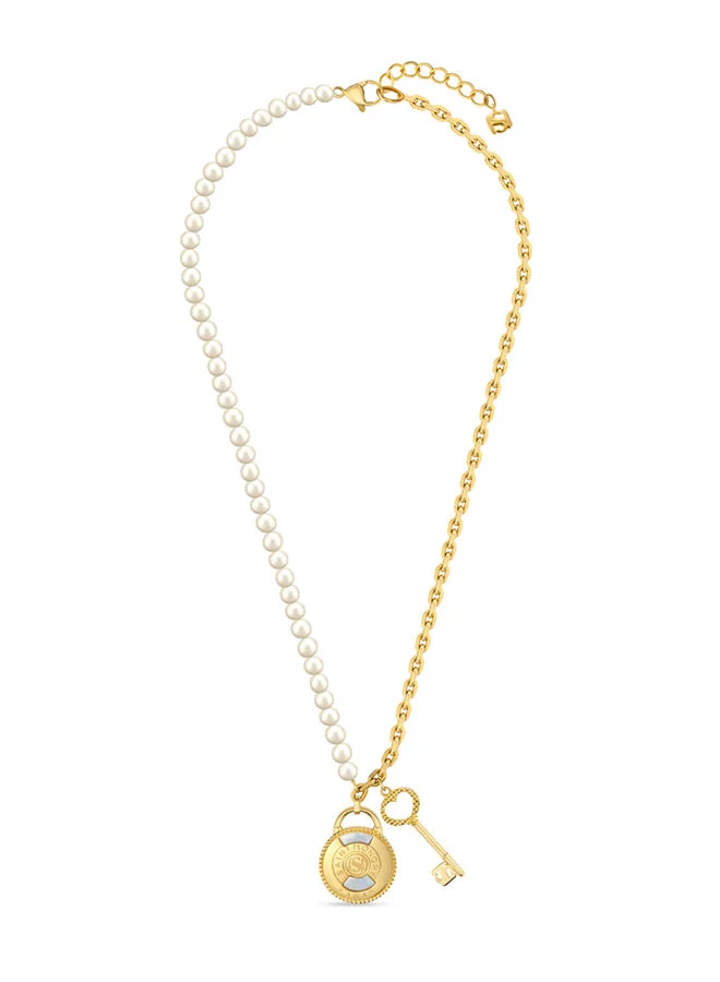سانت هونور Pont Des Arts 925 Silver,Gold Plated Padlock,FreWater Pearls & Cablechain Necklace - 450+50mm