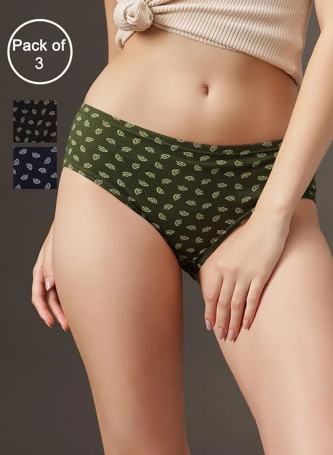 كلوفيا مجموعة من 3 سراويل داخلية هيبستر بخصر متوسط - 100% قطن