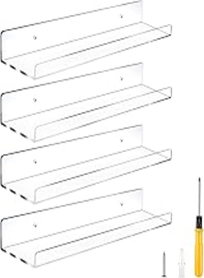 Jansburg Floating Shelves 15 inch Acrylic Wall Ledge Shelves Clear 4 Pack Invisible Display Bookshelf, 5MM Thick Premium Wall Mounted Shelf Bathroom Display Organizer