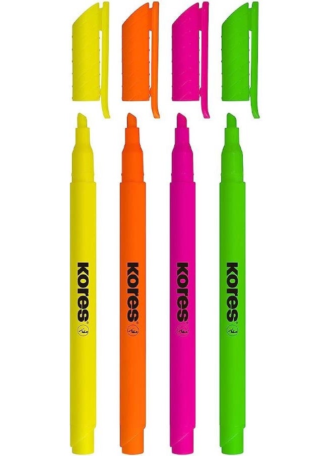 Kores Highlighter Pen 4 Pack in 1 Marking Pen 4 Colors Highlighter Colors Cut Tip Orange Yellow Pink Green  - Image 2