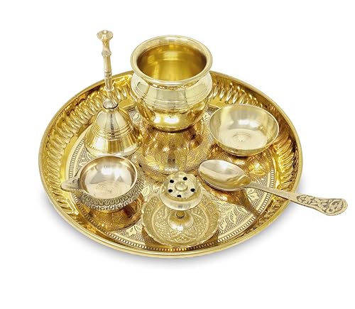 BENGALEN Brass Pooja Thali Set with Grey Gift Box 6 Inch Pital Plate Kalash Spoon Chandan Wati Dhup Dan Kuber Diya Ghanti Puja Arti Thali for Diwali Home Office Mandir Wedding Return Gifts - Image 4