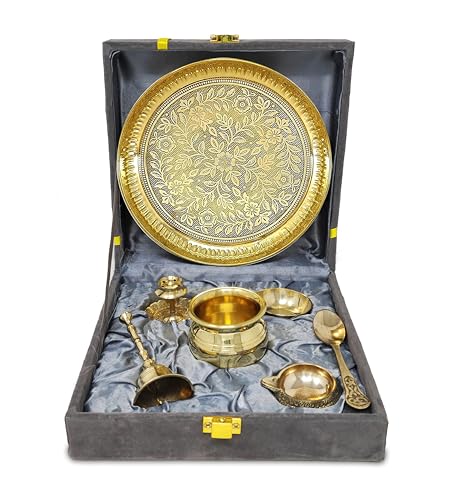 BENGALEN Brass Pooja Thali Set with Grey Gift Box 6 Inch Pital Plate Kalash Spoon Chandan Wati Dhup Dan Kuber Diya Ghanti Puja Arti Thali for Diwali Home Office Mandir Wedding Return Gifts - Image 1