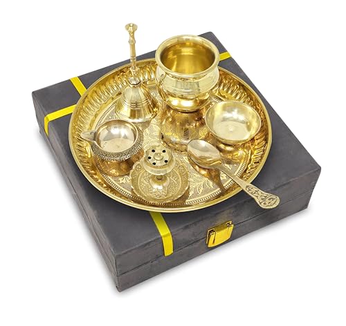 BENGALEN Brass Pooja Thali Set with Grey Gift Box 6 Inch Pital Plate Kalash Spoon Chandan Wati Dhup Dan Kuber Diya Ghanti Puja Arti Thali for Diwali Home Office Mandir Wedding Return Gifts - Image 5