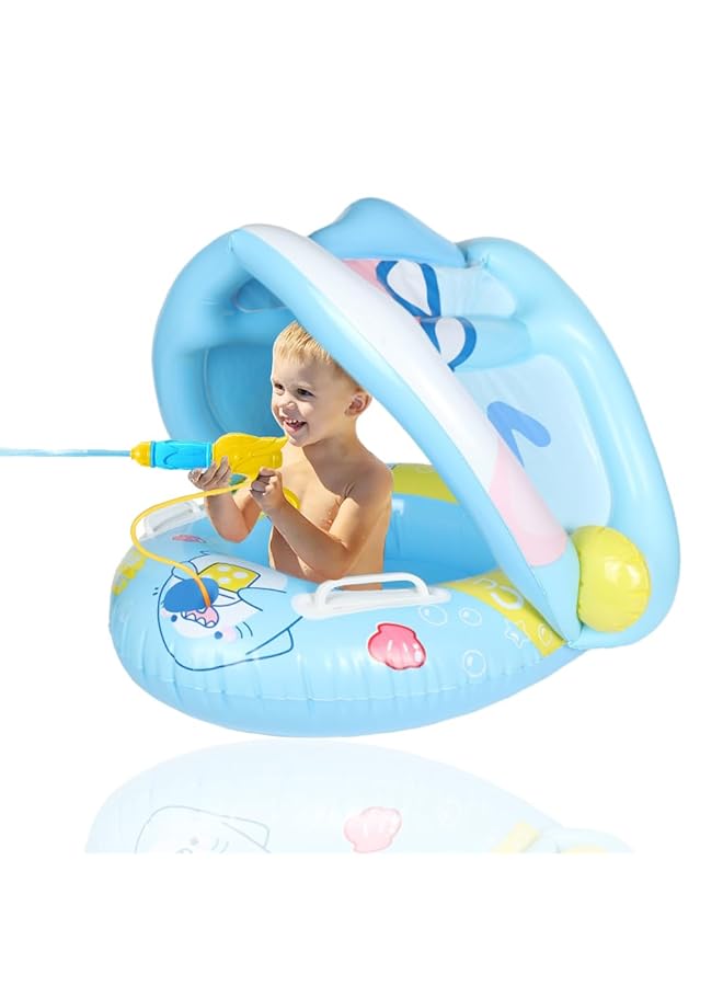 هانيا عوامة سباحة للأطفال الصغار قابلة للنفخ مصنوعة من مادة البولي فينيل كلوريد السميكة، عوامة سباحة صيفية للأطفال مع مظلة قابلة للفصل على شكل سفينة قراصنة مع قبطان ومسدس مائي للأولاد والبنات - Image 1