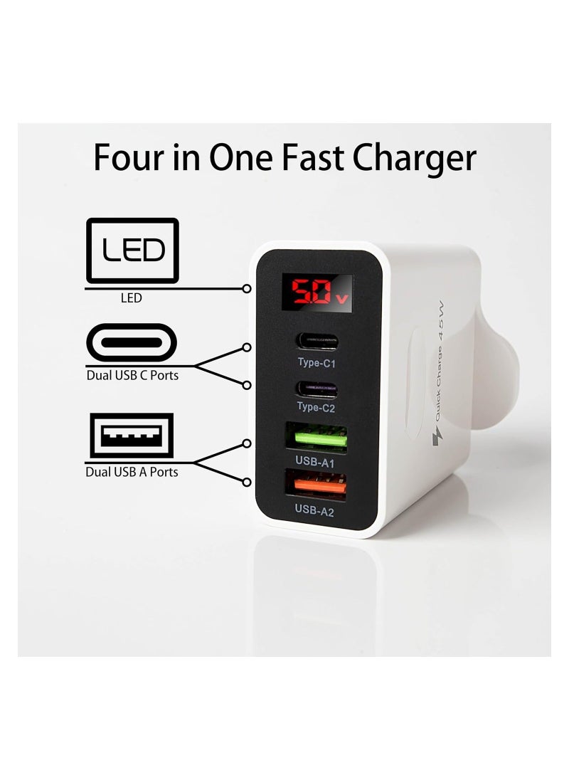 USB C Charger, 4-Port 45W USB & Type-C Super Fast Charging Mains, Wall Adapter, Universal Charging Hub for Multi-Device Phone, Android Phone Tab & More, Fast Charging Plug (UK Regulatory)
