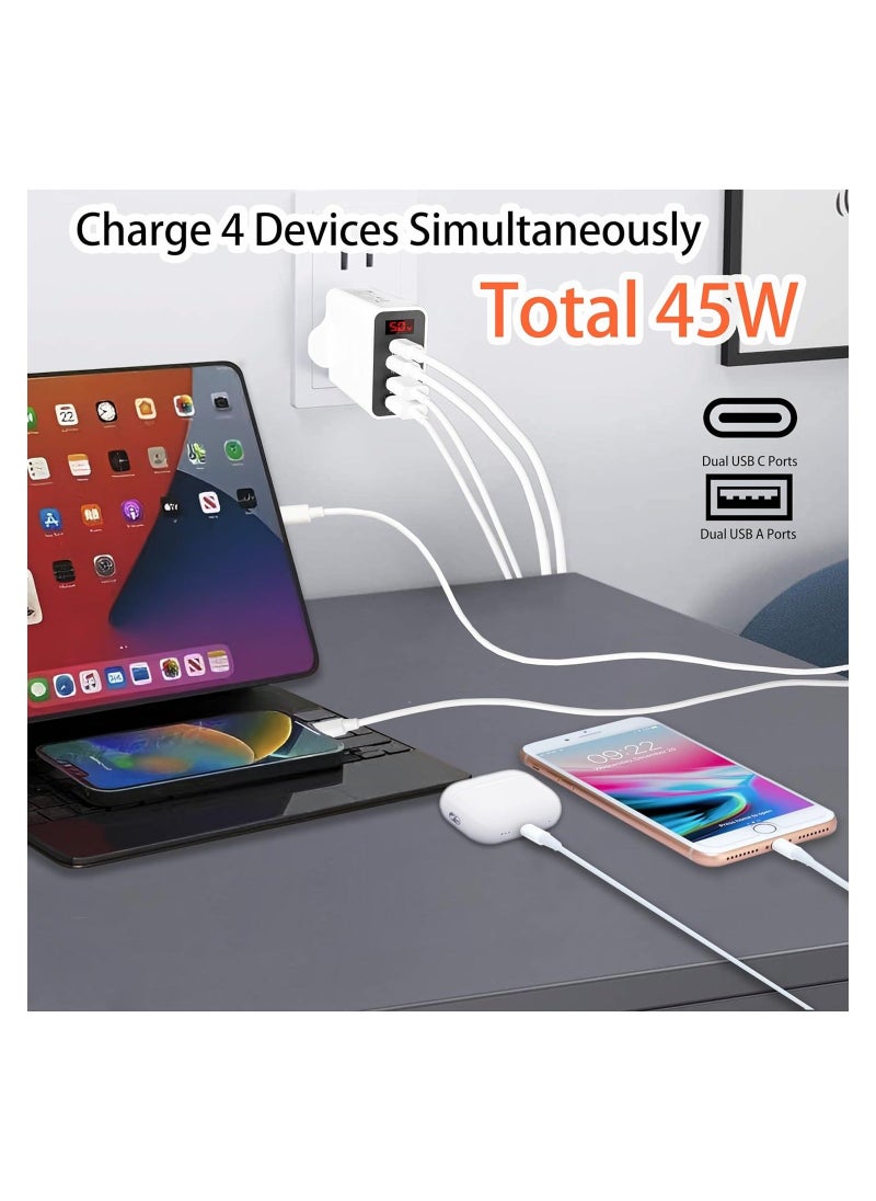 USB C Charger, 4-Port 45W USB & Type-C Super Fast Charging Mains, Wall Adapter, Universal Charging Hub for Multi-Device Phone, Android Phone Tab & More, Fast Charging Plug (UK Regulatory)