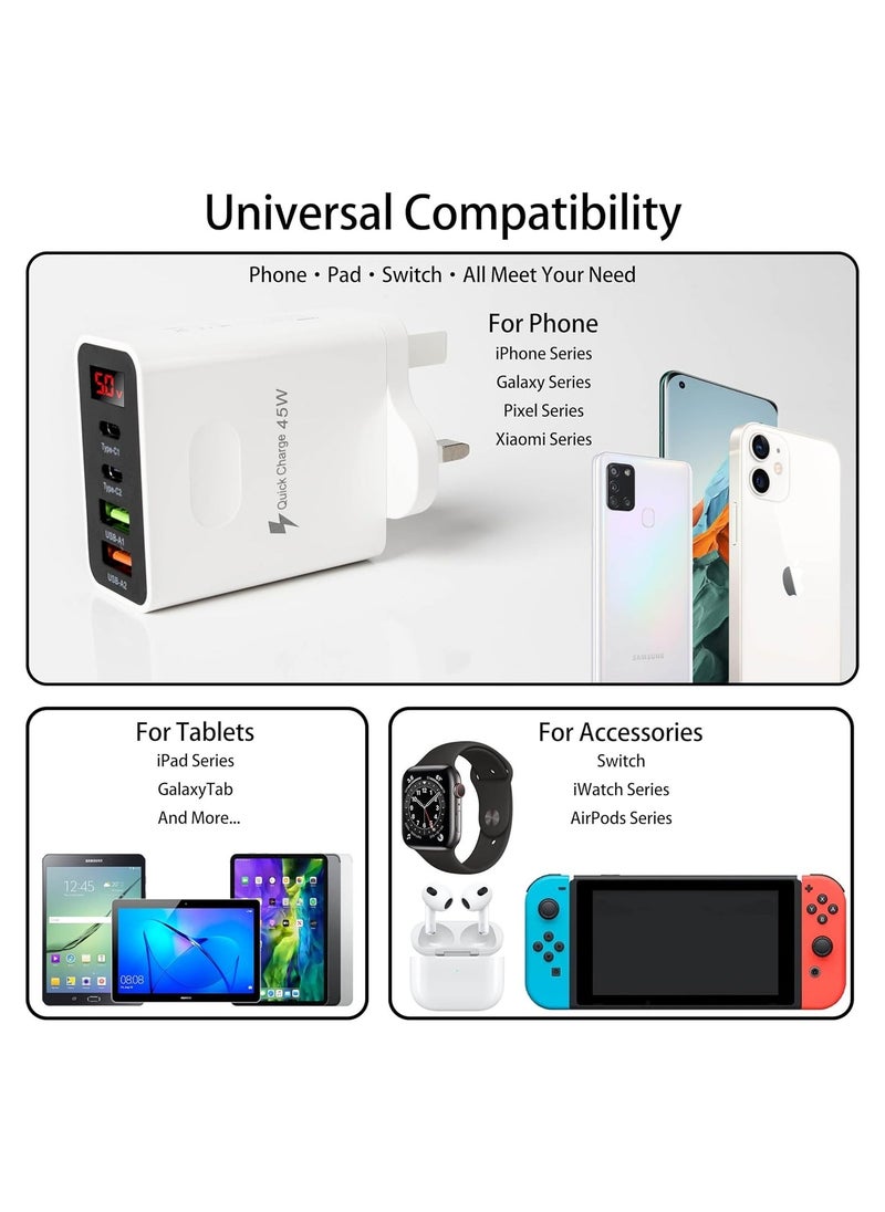 USB C Charger, 4-Port 45W USB & Type-C Super Fast Charging Mains, Wall Adapter, Universal Charging Hub for Multi-Device Phone, Android Phone Tab & More, Fast Charging Plug (UK Regulatory)
