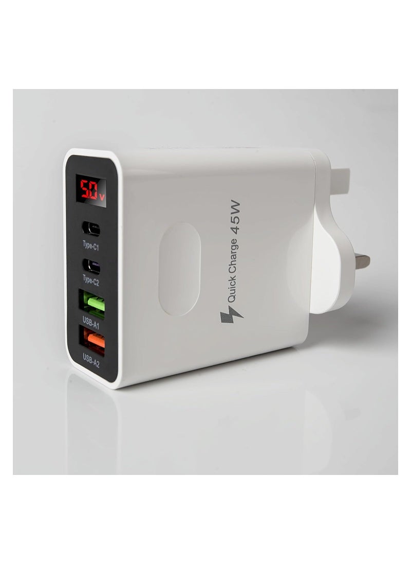 USB C Charger, 4-Port 45W USB & Type-C Super Fast Charging Mains, Wall Adapter, Universal Charging Hub for Multi-Device Phone, Android Phone Tab & More, Fast Charging Plug (UK Regulatory)